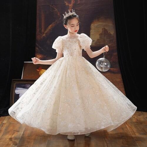 Princess Lace Ball Gown Tulle Long Dress Beads Sequin Flower Girl Dress Girl Pageant Gowns Applique First Holy Communion Dresses