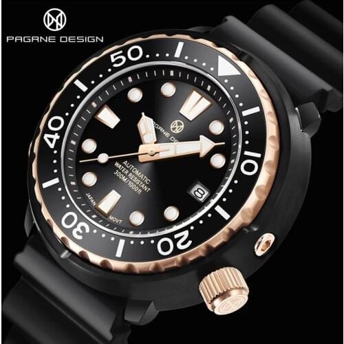 PAGRNE DESlGN Mens New Automatic Mechanical Watch Leisure Sapphire 300M Diving Watch Ceramic Rotating Bezel Rubber Strap Watch
