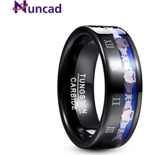 2019 NUNCAD 8mm Wide Tungsten Steel Mens Ring Plating Black Claddagh Pattern Engraved Roman Numeral Tungsten Carbide Ring T228R