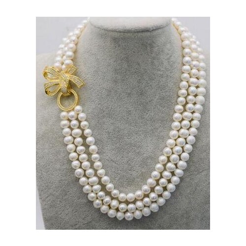 Natural 3rows freshwater white pink black pearl near round 7-8mm pearls 17-19"