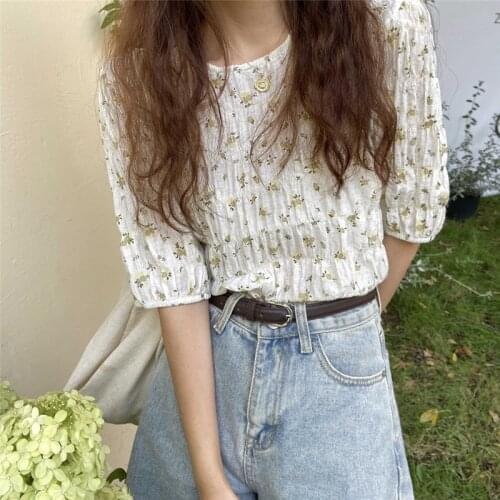 Hzirip Gentle Korean Puff Sleeve Floral Hot Pleated Top O Neck Loose Ladies 2021 Elegant Sweet Chic Fashion All-Match T-Shirt