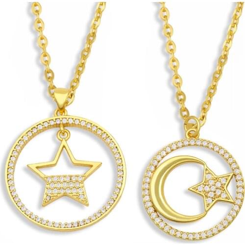 FLOLA Round Moon And Star Necklace For Women Cubic Zirconia Crescent Moon Pendant Necklace CZ Pave Gold Jewelry Gifts nkes90