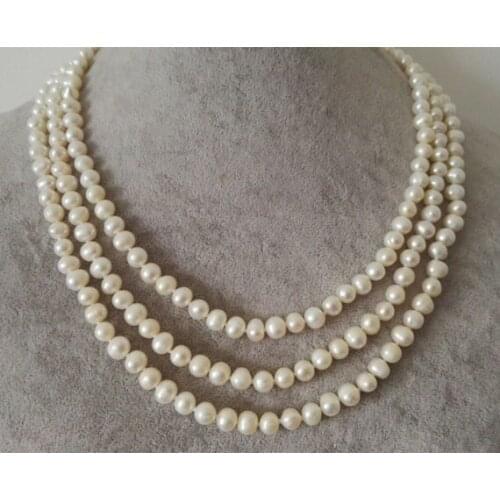 Genuine Freshwater Pearl Necklace White Color AA 6-7MM 3 Rows Real Pearl Jewelry
