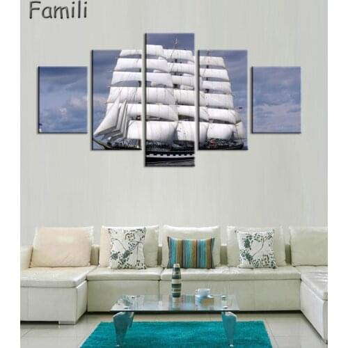 Retro sea sailboat 5Pcs Landscape for living room Decoration sailing boat Canvas Painting on wall pictures home decor unframed