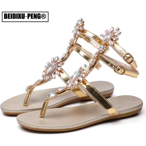 Sexy Boho T-strap Flat Heel Slippers Shoes Rhinestone Diamonds Clip-toe Sandals Comfortable Thong Gladiator Flip Flops 2021 New