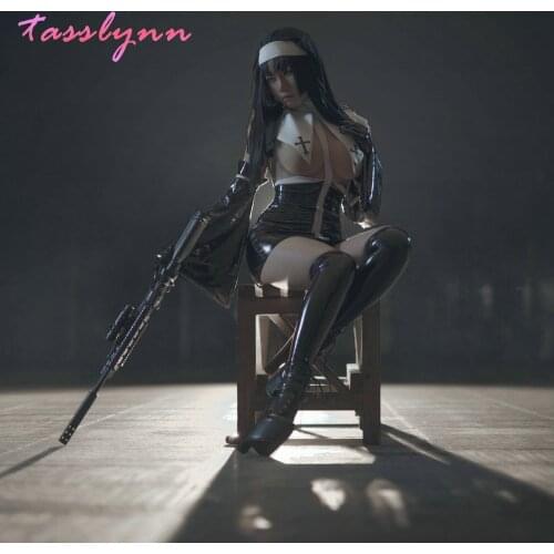 Sexy Nun Uniform Faux Gothic Leather Nun Dress Costume Full Set for Geek Girl Halloween Lingerie Cosplay Bodysuit