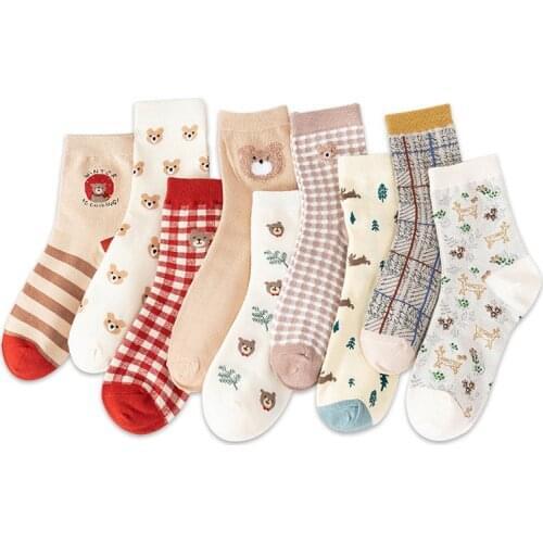 Spring Autumn New Kawaii Bear Woman Socks Cotton with Cartoon Grid Animals Japanese Harajuku Korean Funny Socks Women