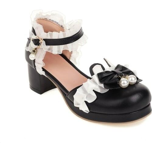 Womens Lolita Round Toe Bowknot Lace Pearls Kawaii Cosplay Shoes Low Heel Plus Size 34-43 Mary Janes Sweet 4Colors Girls New