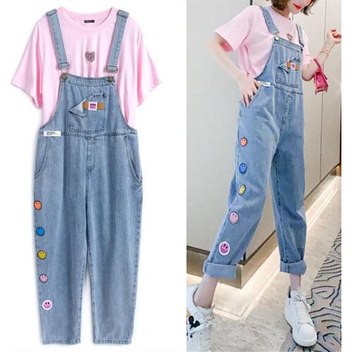 2021 New Women 2 Piece Set Pink Short Sleeve T Shirt + Denim Jumpsuits Ladies Suit Summer Cusual Wear 2PCS