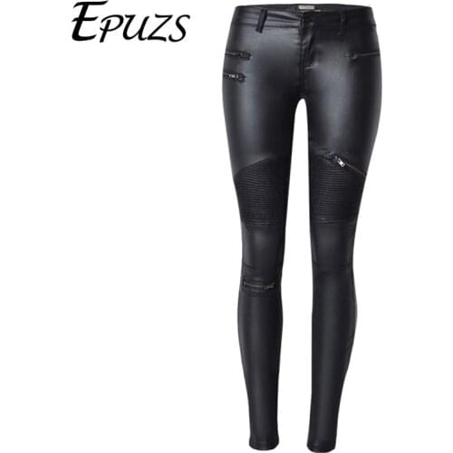 Winter Sexy Women Pu Leather Black Pants Zipper Stretch Bodycon Pleated Patchwork punk rock Women Pencil Long Pants 2019