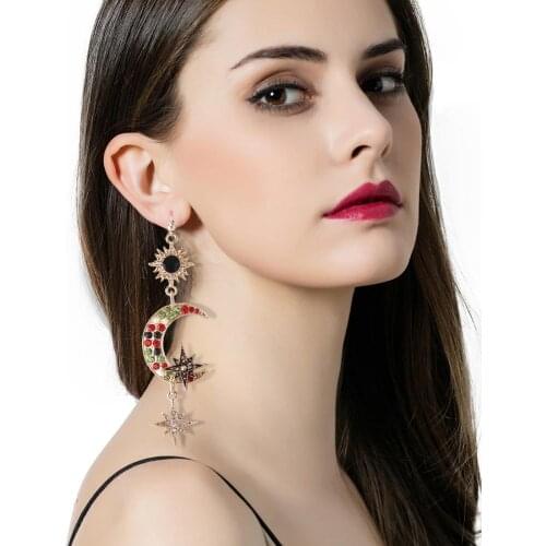 2020 Fashion JewelrySun Moon Earrings Exaggerated Asymmetrical Rhinestone alloy long Earrings for Women Earring