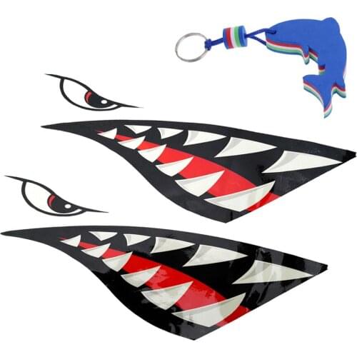 2x Shark Tooth Vinyl Decals Stickers Kayak Jet Ski + Blue Dolphin Shaped Floating Key Chain