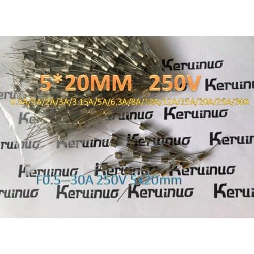 5x20mm F0.5-30A 250V F1A F2A F3A F4A F5A F10A F15A F20A F30A Double cap glass fuse with lead pin quick break 5*20mm F5AL250V