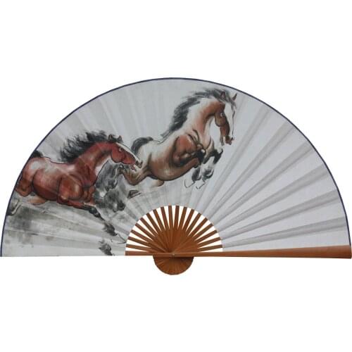 Large Folding Paper Fan Chinese Style Crafts Banboo Frame Background Decorative Fan Hanging Running Horse