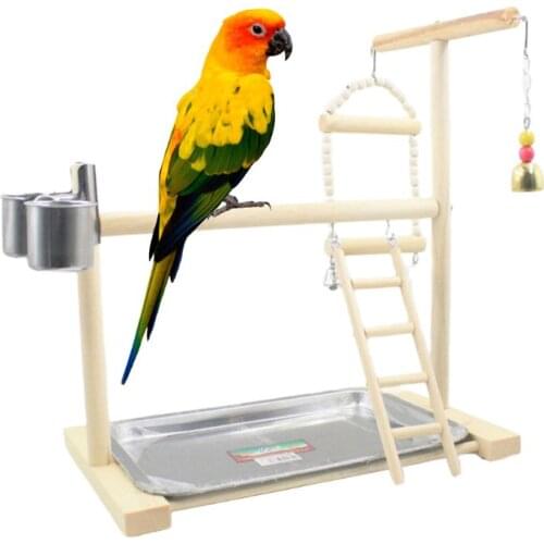 Wood Bird Parrot Toy Playstand Perch Playstand Gym Stand Playpen Ladder with Feed Cups Tray Birds Exercise Play Toys C42