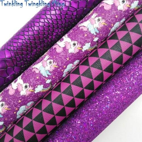 Unicorn Printed Purple Glitter leather, Metallic Snake Synthetic Leather Faux Fabric Sheet For Bow 21x29CM Twinkling Ming KM359