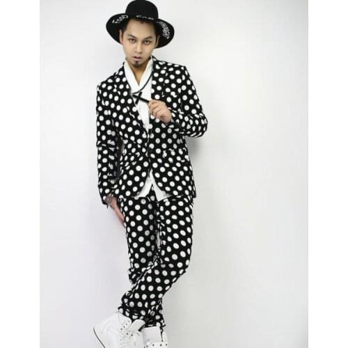Hot Nightclub New Men Hairstylist Suits Clothing Male Singer Fashion Slim Dj Black And White Wave Point Suit Plus Size Costumes
