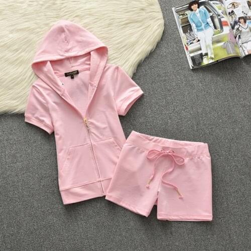 Summer Cotton Short Sleeve Shorts Suit Womens Slim Two Piece Set Zipper Hooded Sportswear Fitness Tracksuit Female Lounge Wear