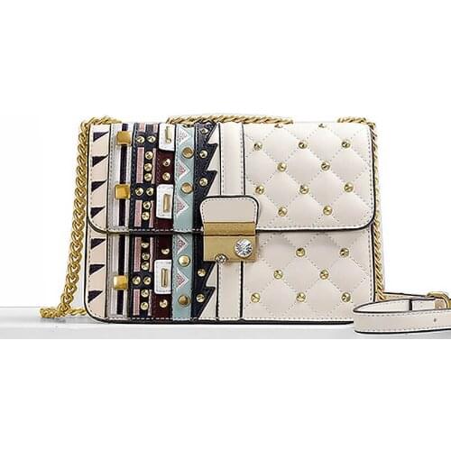 Hot-selling Fashional Shoulder Ladies Bag Unique Copper Metal Rivet Chain Diamond Sewing Thread Small Square Handbags For Women