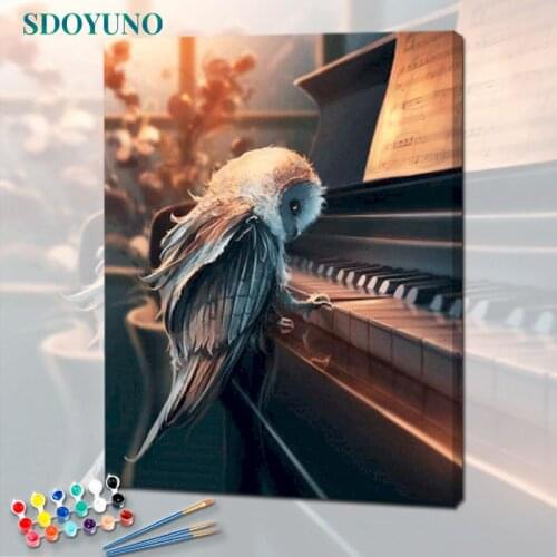 PhotoCustom Oil Paint By Numbers Kits Owl And Piano DIY Painting By Numbers On Canvas Animals Frame 60x75cm Draw Painting