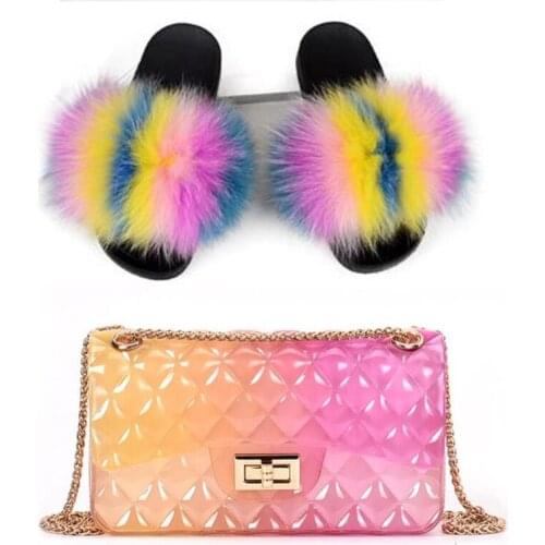 Crossbody Bags Sets for Women 100%Real Fox Fur Slippers 45 Woman Fur Slides Cute Fluffy Furry Flip Flops Messenger PVC Beach Bag