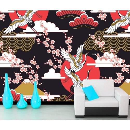 Japanese style wallpaper,cranes and cherry blossoms,retro natural mural for living room restaurant background papel de parede