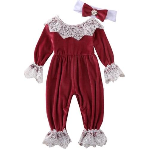 Newborn baby girl clothes velvet jumpsuit romper headband outfits lace ruffle long sleeve rompers spring autumn clothing