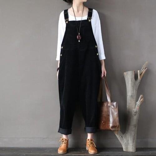 Original Cotton Corduroy Women Vintage Rompers 2020 Spring Autumn Loose Strap Thick Warm Pocket Casual Jumpsuits AH815