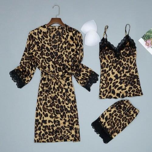 Pajama woman summer sexy leopard print lace halter belt sleeping skirt chest cushion three-piece robe suit long-sleeved homewear