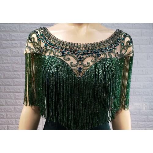 Tailor shop mother of bride dresses emerald green beads tassel dress elegant occasion wear black formal gown bling evening gowns