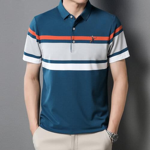 Classic Striped Polo Shirt Men Short Sleeve Business Mens Polo Shirts Casual Brand Polo Men Grey Green Blue Summer Tops