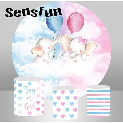 Sensfun Gender Reveal Round Circle Background Elastic Baby Shower Elephant Backdrop Newborn Birthday Party Banner Plinth Covers
