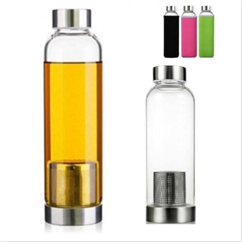 550ml Glass Water Bottle BPA Free High Temperature Resistant Glass Sport Water Bottle With Tea Infuser Nylon Sleeve Protect
