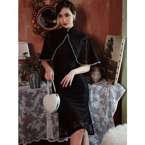 Qipao Evening Dresses Black Red Cheongsam Dress Lace Large Size Cheongsams Cape Two Piece Set Qipao Chinese Dress Oriental Dress