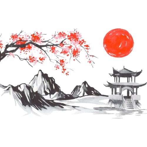 Japan Traditional Painting Tapestry Wall Hanging Fuji Mountain Sakura Sunset Asian Watercolor Ink