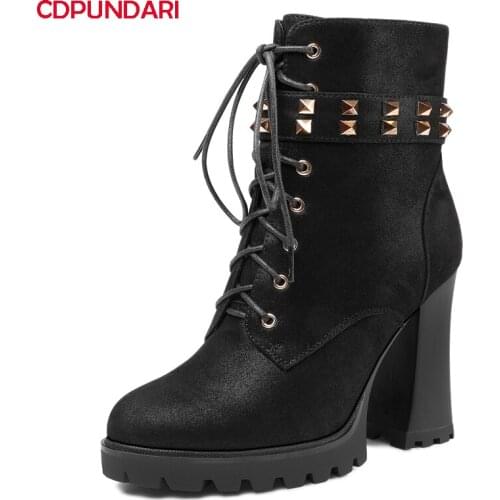 Ladies Black Sheepskin Super High Heels Platform Ankle Boots Women Autumn Winter Rivet Punk Modern Short Boots Party Shoes