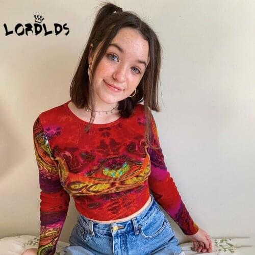 LORDLDS Women Ribbed Vintage Print Tops Graphic Long Sleeve O Neck Aesthetic Cropped Tshirts Kawaii Clothes Ladies Streetwear