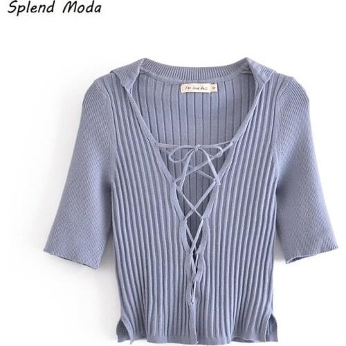 Lace-Up Knitted Short-Sleeve V-Neck Slim-Fit Autumn 2021 New Sexy Top + Elastic Knitted Flared Pants Women Solid Color