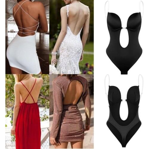 Women Deep V Bodysuit Shapewear Faja Waist Trainer Shaper Body Tummy Shaper Clear Strap Backless Plunge Thong Push Up padded Bra