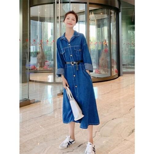 Denim Dress Female Spring Autumn 2020 New Korean Windbreaker Dress Jeans Fashion Single Breasted Straight Long Shirt Blusa R254