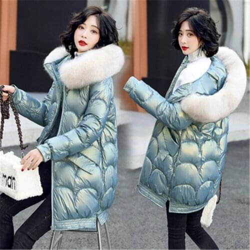 2021 Winter Fashion New Mid-Length Fur Collar Hooded Long-Sleeved Bright Surface Thickened Warm Cotton Jacket Female Trend H225