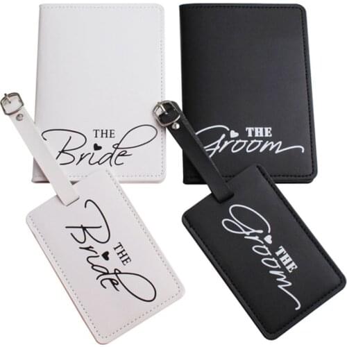 1Set PU Leather Luggage Bag Tag Bride Groom Passport Case Cover for Couples Honeymoon Travel Organizer