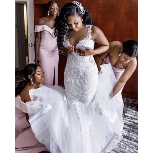 ANGELSBRIDEP Strap Mermaid Wedding Dresses Robe de mariee Fashion Applique Court Train Dubai African Bride Dress 2021 Plus Size