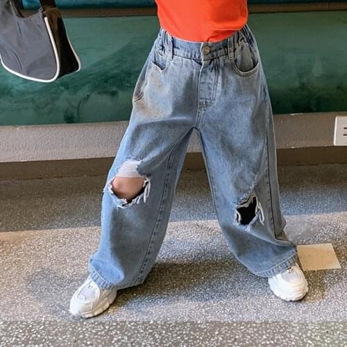 Toddler Girls Jeans Pants For 2-7Yrs 2021 Spring New Arrival Big Hole Loose Wide Leg Pants 100% Cotton Denim Ripped Jeans Pants
