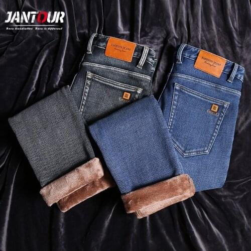 Jantour Men Clothing Winter Fleece Hommes Jeans Casual Black Blue Baggy Jeans Thicken Trousers Elasticity Jeans For Men 2020