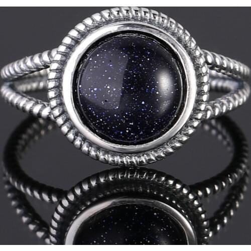 Real 925 Sterling Silver Rings 10MM Round Blue Sandstone Ring Womens Wedding Party Anniversary Fine Jewelry Ring Wholesale