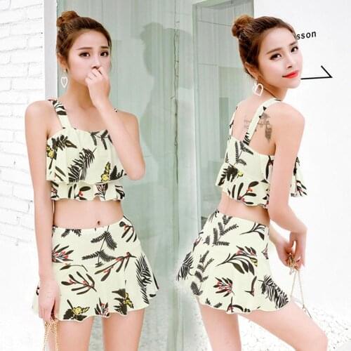 Bikinis Set Women Leaf Print Ruffled Hem Crop Top Camisole Mini Skirt Bikini Set Swimwear купальники женские 2020