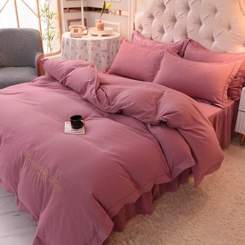 4pcs/set Soft Nordic Pure Cotton Bedding Set Twin Queen King Size Duvet Cover Bed Sheet Pillowcase Adult Solid Color Bed Skirt