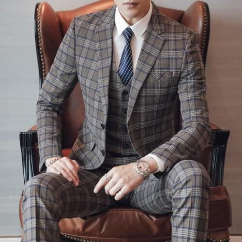 Costume Homme Single Breasted Suit Men Plaid Suits Mens 3-piece Set Business Suit Men British Terno Formal Costume Homme Mariage