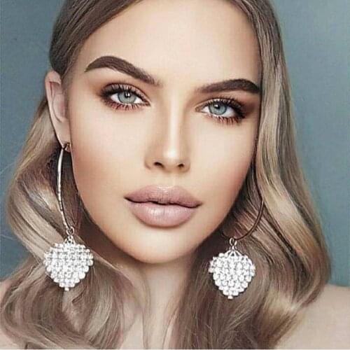 HYSECMAO Fashion Women Big Gold Color Alloy Round Earrings Shiny Rhinestone Temperament Heart Drop Earrings Girl Party Jewelry